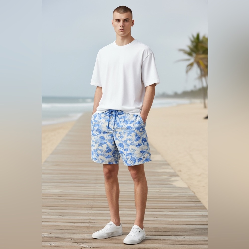 Columbia PFG Offshore II Hybrid Shorts | Size 34 | Blue/Tan Fish Print
